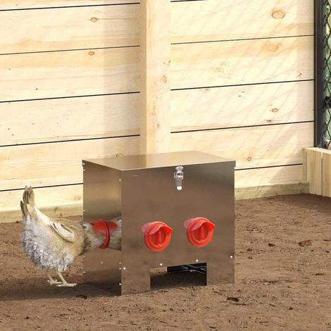 Mangeoire argentée pour poulets, dimensions : 40,5 x 25 x 38 cm, en acier galvanisé.