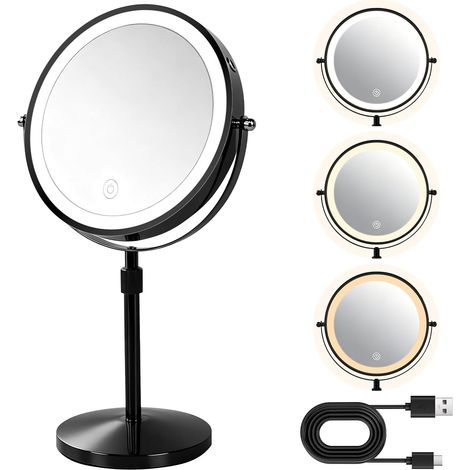 Mirroir Maquilleur Lumineux, 10x Rechargeable Miroir Grossissant Lumineux sur Pied, 20cm Portable LED Rond Miroir de Table avec Rotation à 360°,3 Couleurs Lumière, Noir (1/5)