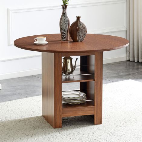 Table manger ronde 100 cm avec rangement MDF noyer OKMYHOME (1/5)