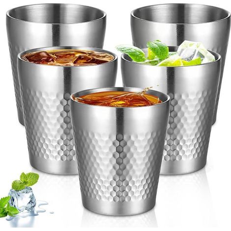 Lot de 5 gobelets inox 300 ml – Double paroi, empilables – Résistants chocs – Métalliques (1/4)