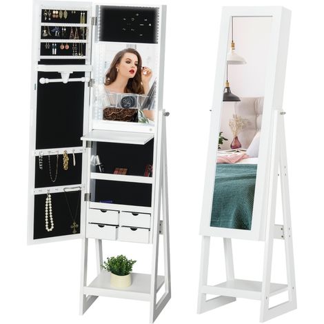 Jewellery Cabinet, Standing Mirror with LED Lights, Full-Length Mirror with Storage Drawers, Hooks and Shelves, Make-Up Armoire, Jewellery Organiser for Bedroom, White