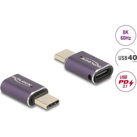 Delock USB Adaptador 40 Gbps USB Type-C⢠PD 3.1 240 W macho a puerto hembra de ahorro de energÃa 8K 60 Hz metal