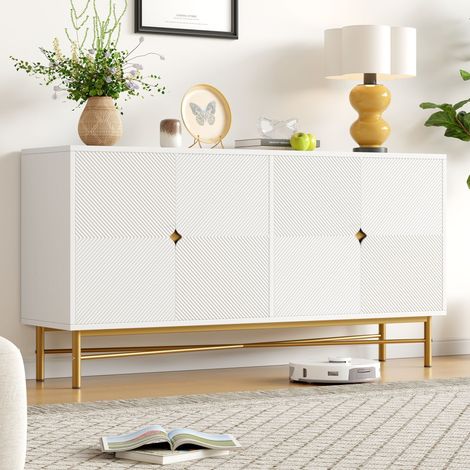 Buffet 160x40x82 cm avec 4 Portes en Relief Texturé, Meuble de Rangement Blanc avec Pieds Métal Doré, Design Moderne en MDF - Blanc (1/5)