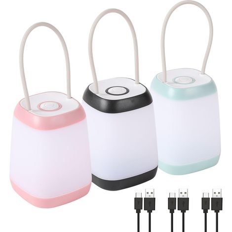 Lot de 3 lampes de camping à DEL, 3 modes d'éclairage alimentées par batterie rechargeable, veilleuse pour intérieur et extérieur, lanterne de tente, camping (rose, noir, vert) (1/5)