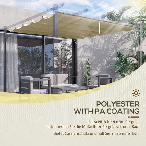 Toit de rechange pour pergola 4x3 m, escamotable, avec évacuations d'eau, imperméable, en polyester, 350 x 260 cm, beige (1/4)