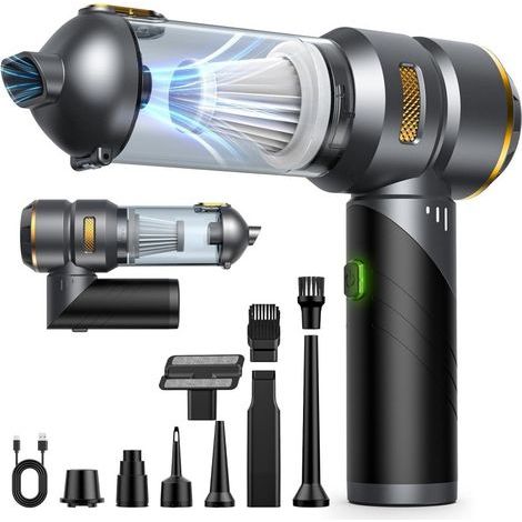 Bürstenloser Handstaubsauger, geeignet für den Einsatz zu Hause und im Auto, starke Saugkraft mit Blasfunktion, Batterieanzeige, graue Farbe. (1/5)