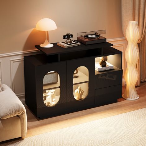 Buffet 120x40x80 cm avec éclairage LED, portes ovales en verre et panneau brillant, noir (1/5)