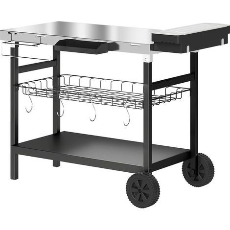 Chariot de barbecue d'extérieur avec plateau en acier inoxydable, porte-épices, crochets et poignée latérale, noir (1/5)