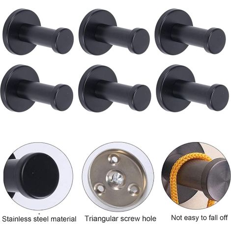 Crochets porte-manteaux ronds en acier inoxydable, lot de 6, noirs, finition brossée (1/2)