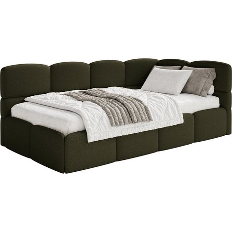Selsey Cloudy – Einzelbett 120x200, Kopfteil rechts, Matratze & Bettkasten, Bouclé Olivgrün