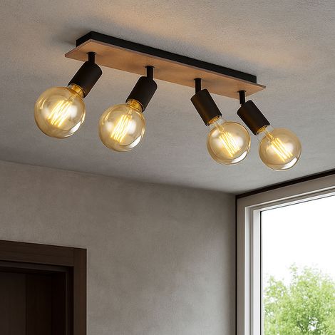Deckenleuchte Deckenstrahler Spotleuchte Esszimmerlampe Wohnzimmerlampe Flurleuchte, Metall Holz braun schwarz, 4 Flammig Spots beweglich, L 49 cm