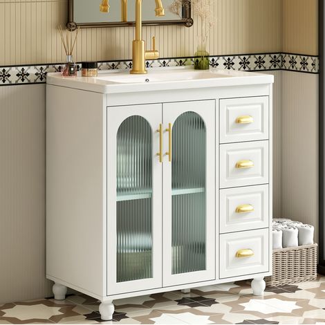 Mueble de baño de 80 cm con armario, 2 puertas, 3 cajones y lavabo de porcelana, MDF blanco. (1/5)
