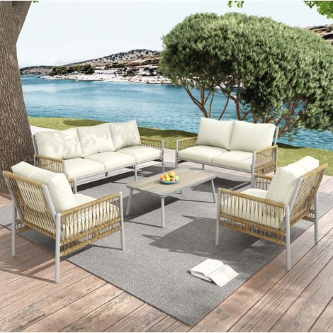 Set di mobili da giardino 7 posti in PE rattan beige con tavolino in vetro temperato e cuscini sfoderabili lavabili (1/5)