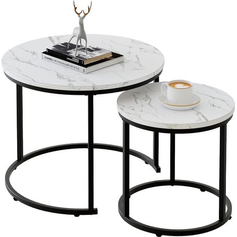 Lot de 2 tables basses rondes - Table de salon - Table basse en bois - Table d'appoint - Table basse pour salon, chambre à coucher, bureau, balcon - Structure en métal noir et plateau de table en (1/5)