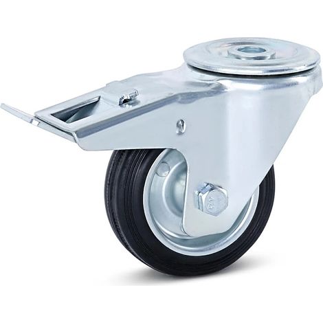 Roulette pivotante freinée - MESO - Caoutchouc inodore - Trou central - 80mm - 80kg