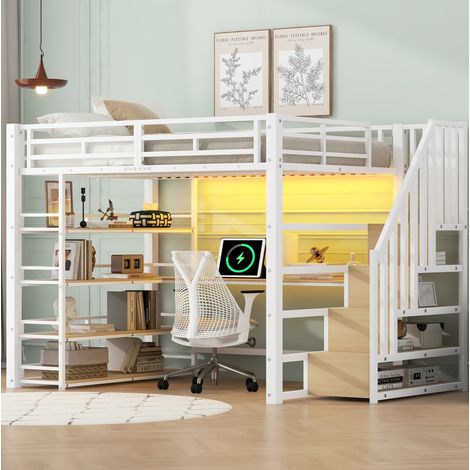 Cama dormitorio con escritorio y estantes LED blanca OKMYHOME (1/5)
