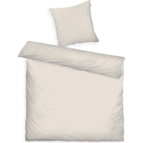 Parure de lit en Satin, 2 taies d'oreiller 80x80 cm + 1 Housse de Couette 200x220 cm, 100% Coton, Passepoil et Broderie, Fine Stripes Beige, Blanc (Sable Ensoleillé (1/5)