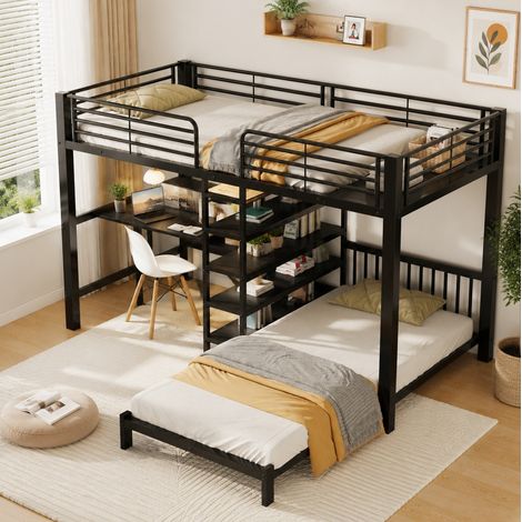 Hochbett mit 2 Schlafplätzen (250x205x168 cm), Schreibtisch, Ablagefächer, MDF und Metall, Schwarz (1/5)