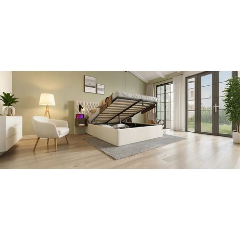 Letto matrimoniale con contenitore idraulico 180x200 cm e 2 comodini con USB e LED, beige (1/5)