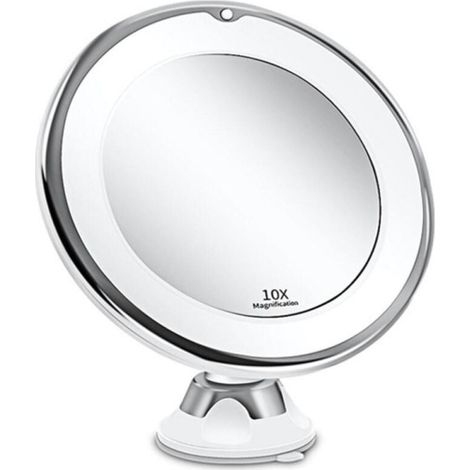 Miroir Grossissant 10x Lumineux LED avec Forte Ventouse, Batterie - Miroir Maquillage avec Lumière Natur Dimmable pour Les Salles de Bain(Blanc) (1/5)