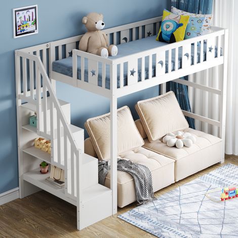 Hochbett für Kinder 90 x 200 x 171 cm, mit Treppe, Regal und Geländer, Kiefernholz, Weiß (1/5)