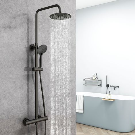 AICA ITALY Colonne Doccia Termostatiche, Sistema Doccia con Miscelatore Termostatico a 38℃, Colonna Doccia in Acciaio Inox con 8 Pollici Soffione Tondo Altezza Regolabile 735-117cm Nero