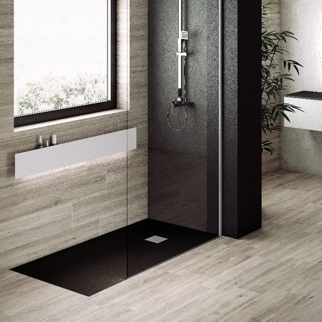 Receveur de douche 80 x 160 cm extra plat PURE en résine surface ardoisée noir Grille inox (1/5)