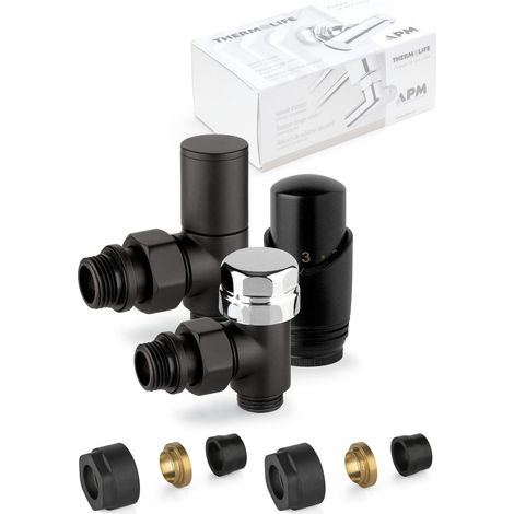 Kit valvole d'arredo termostatizzabili colore nero con raccordo per tubo rame APM 100KNN 015 R 12 Nero