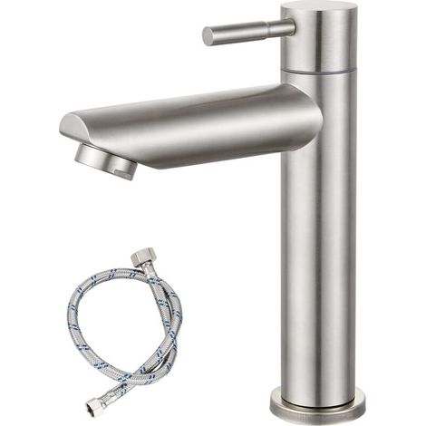 Waschbeckenarmatur für Kaltwasser, Edelstahl SUS304, gebürstetes Nickel, Einhebel-Waschtischarmatur mit einem Loch zur Deckmontage