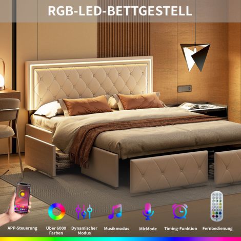 Lit capitonné 160 x 200 cm, recharge USB, tête de lit LED, 4 tiroirs, lit double, lit coffre, cadre de lit jeune, sommier à lattes en bois, sans matelas, beige (1/5)