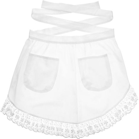 BESTONZON Tablier court en coton avec ceinture et dentelle pour femme, mi-long, idéal comme tablier de chef, de serveuse ou de femme de ménage.