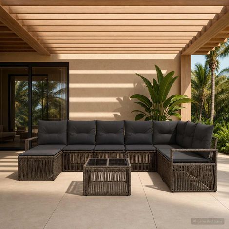 Salon de jardin 9 pièces en polyrotin gris, canapé modulaire pour 8 personnes - PANGIVO (1/5)