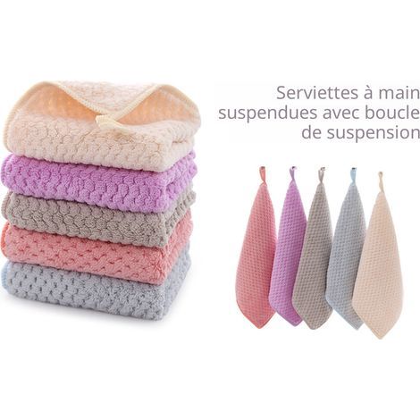 Petite Serviette Main, Essuie Main, Ensemble 5 Pièces Essuie Main Cuisine, Serviette Suspendue en Polaire Corail, Boucle De Ceinture Super Absorbante à Séchage Rapide (1/5)