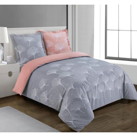 Parure de lit Réversible 100% Coton - Ginko Gris/Rose - Set de Housse de Couette 260x240 cm avec 2 taies d'oreiller pour lit Kingsize 2 Personnes - Fibres Naturelles - Oekotex (1/5)