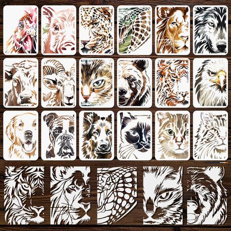 Pochoirs Réutilisables pour Peinture Motifs Animaux Tigre Lion Loup Aigle 29.7 x 21cm avec Pinceau pour Fenêtre Bois Mur Décoration D'Intérieur (1/5)