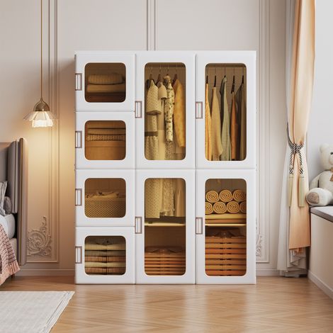 Armario plegable de 12 compartimentos - 104 x 50 x 136 cm - Armario modular de 8 puertas y 2 zonas colgantes con puertas magnéticas - Blanco (1/5)