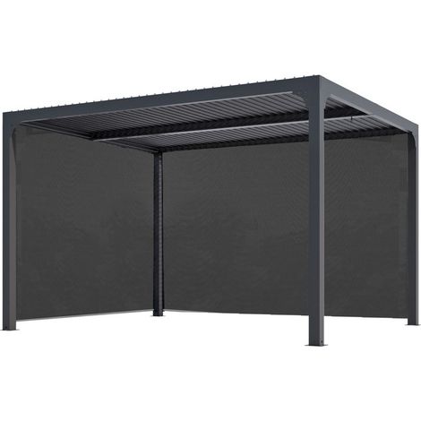 Habrita – Pergola bioclimatique aluminium gris anthracite – Rideaux latéraux manuels – Lames orientables jusqu'à 90° – Surface 10,80 m² – Dimensions L 360 x l 300 x H 231 cm