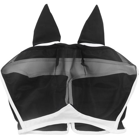 Masque Anti-Mouches pour Cheval Tissu Respirant et Élastique avec Oreilles, Protection Anti-Moustiques et Insectes, Attache Velcro, Taille Grande Noir