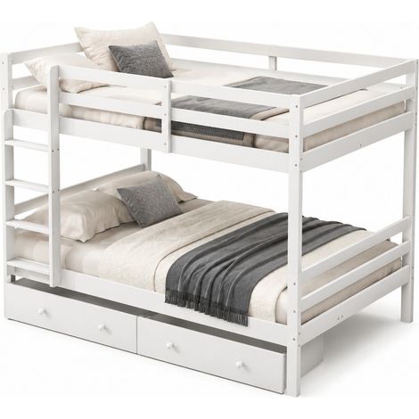 Lit superposé enfant 140x200 avec tiroirs de rangement, garde-corps hauts et échelle pratique, blanc, en bois, pour chambre gain de place CHICFURN (1/5)