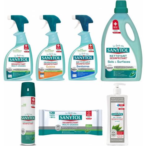 Pack SANYTOL 7 produits nettoyant désinfectant multi usages, sol senteur eucalyptus, air, mains, ...