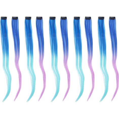 10 extensions de cheveux bleu dégradé violet vif, mèches longues et droites, 10 pièces (1/5)