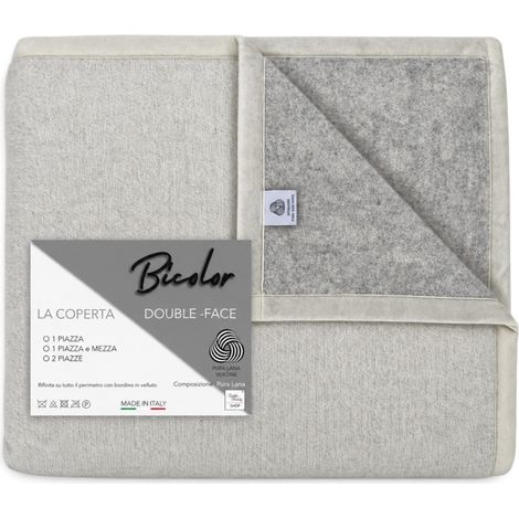 Couverture naturelle bicolore en laine vierge gris lune double face 500 g/m² fabriquée en Italie 1 CARRÉ (1/5)