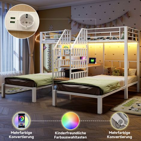 Lit superposé 3 couchages, 90x200 cm, avec bande LED, échelle intégrée avec rangement, 2 ports USB + 1 prise, bureau et étagère, sans matelas, blanc. (1/5)
