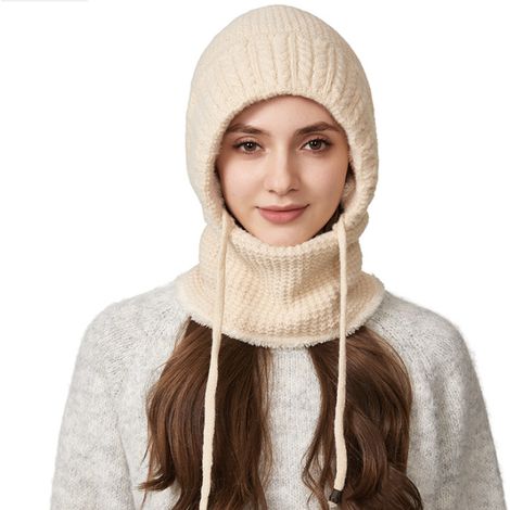 Gorro de invierno de lana beige, grueso, cálido y con forro polar, que también sirve como bufanda/máscara ideal para ciclismo. Resistente al viento y con protección para las orejas.