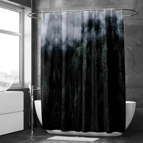Rideau de douche imprimé sous-bois brumeux – Tons naturels, apaisant (1/5)