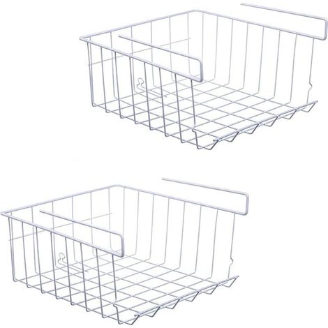Panier de rangement sous étagère, panier de rangement suspendu, lot de 2 paniers empilables en métal (blanc, 320 x 280 x 130 mm) pour cuisine, bureau, cellier, salle de bain