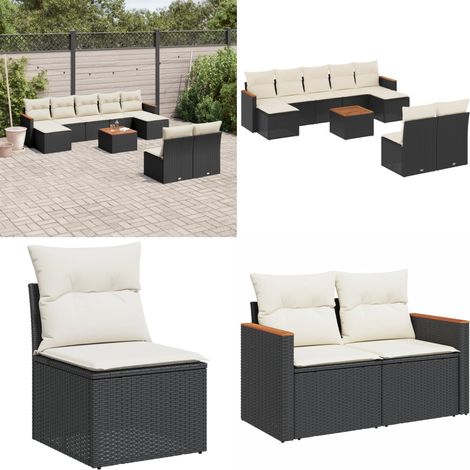 10-tlg. Garten-Sofagarnitur mit Kissen Schwarz Poly Rattan - Gartenmöbel - Esszimmergarnituren - Outdoor-Lounge - Rattanmöbel - Gartenset - Home & Living (1/5)