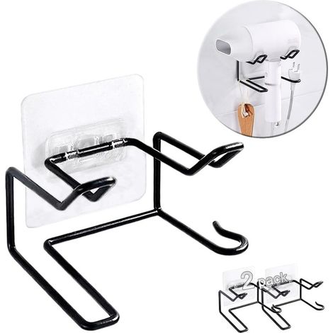 Set mit 2 Wandhalterungen für Haartrockner, selbstklebend und wasserdicht, für Lockenstäbe und Glätteisen (schwarz) (1/4)
