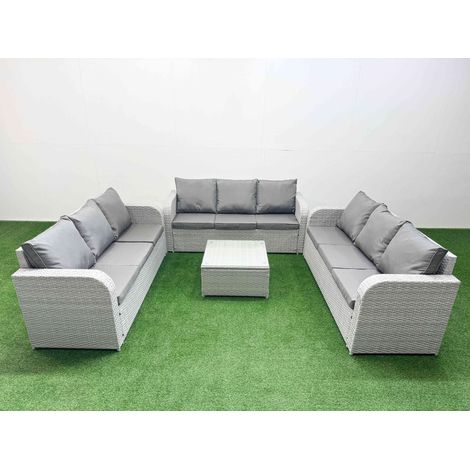Fimous PE Rattan Lounge Sofa Set 9 Seater Outdoor Garden Furniture Set with Square Coffee Table 3 Seater Sofa Light Grey (1/4)