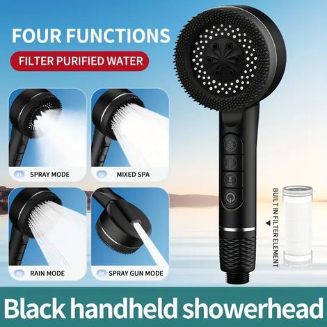 (Noir) Pommeau de douche filtrant suralimenté à quatre vitesses avec joint d'étanchéité multifonctionnel, accessoire de salle de bain pour la douche à domicile (1/5)